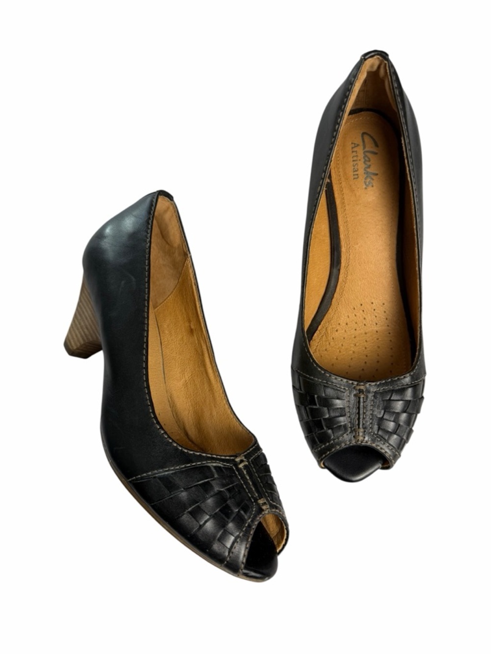 Clarks Artisan Peep Toe Pump Black Leather Comfort Heels Minimalist Womens 7
